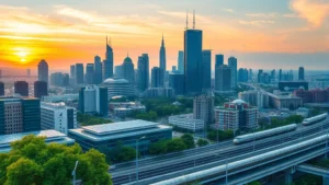 Modern sustainable urban skyline with green buildings, renewable energy panels, and efficient public transportation systems at sunset, photorealistic cityscape showing economic development and environmental integration