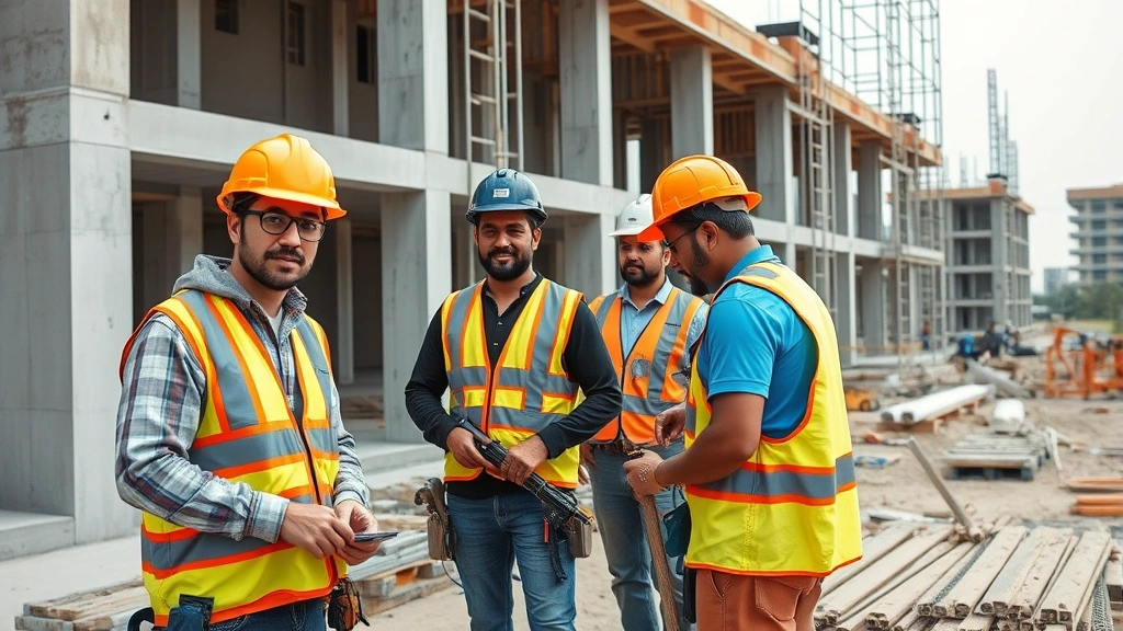Construction workers on a building site with sustainable materials, modern safety equipment, and diverse workforce during active development, demonstrating employment and economic opportunity in built environment sectors