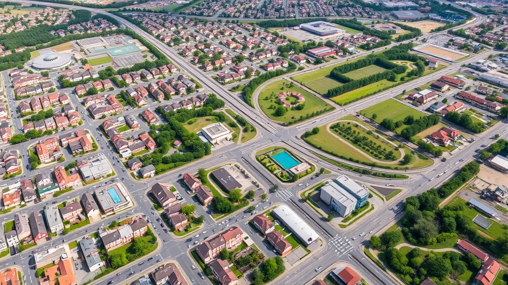 Aerial view of integrated urban planning showing residential neighborhoods, commercial districts, transportation networks, parks, and infrastructure systems working harmoniously in a prosperous city landscape