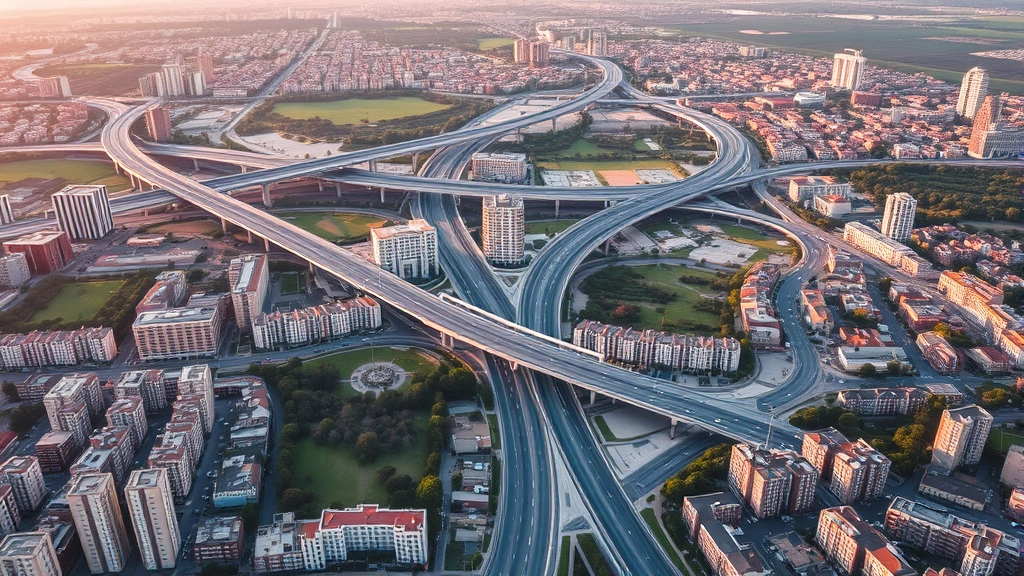 Aerial view of dense urban cityscape with mixed residential and commercial buildings, highways, and public parks integrated throughout, showing the interconnection of infrastructure systems and human settlement patterns during daytime with natural lighting