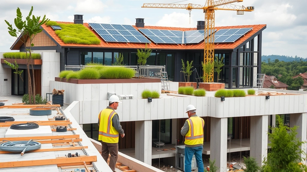 Construction workers on a modern sustainable building site with solar panels visible on roofing, green spaces integrated into the structure, and renewable energy equipment, showing the transition toward eco-conscious development practices