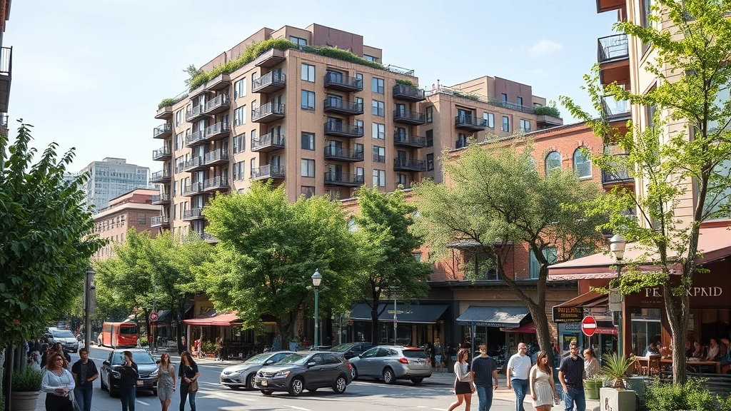 Bustling mixed-use urban neighborhood with pedestrians walking on tree-lined streets, restaurants and shops at street level, apartment buildings above, public transit visible, and greenery integrated throughout the built environment