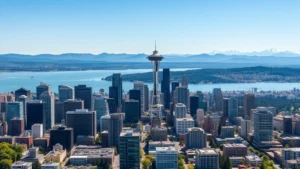 Aerial view of Seattle skyline with Puget Sound waterfront, modern high-rise buildings transitioning to forested hillsides in distance, clear sunny day with mountain peaks visible, photorealistic urban-nature interface