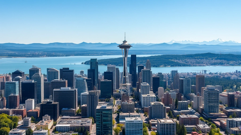 Aerial view of Seattle skyline with Puget Sound waterfront, modern high-rise buildings transitioning to forested hillsides in distance, clear sunny day with mountain peaks visible, photorealistic urban-nature interface