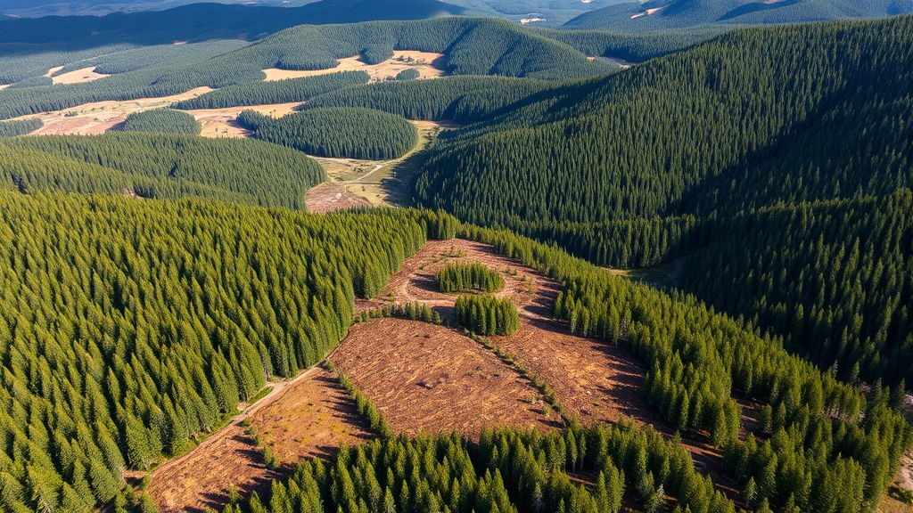 Fragmented forest landscape showing logged patches interspersed with remaining old-growth timber, forest clearings creating checkerboard pattern across mountainous terrain, afternoon light highlighting forest structure contrast