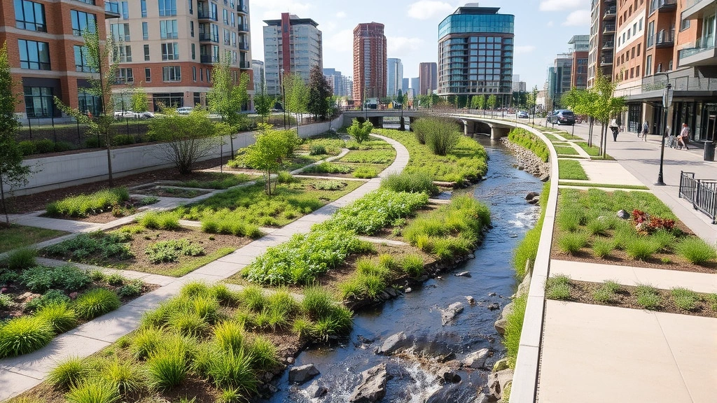 Urban watershed scene featuring green infrastructure rain gardens alongside traditional development, bioswales and native plantings integrated with concrete pathways, water flowing through restored riparian corridor near city district