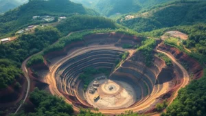 Aerial view of open-pit rare earth element mining operation in tropical rainforest landscape, showing exposed earth layers, mining equipment, and deforestation patches, natural lighting, environmental degradation visible