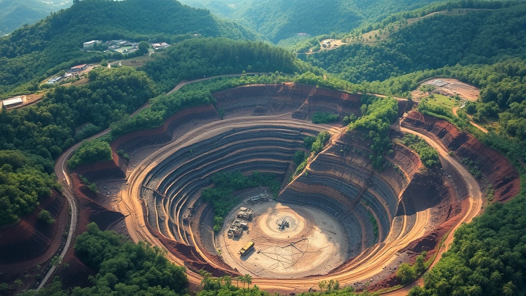 Aerial view of open-pit rare earth element mining operation in tropical rainforest landscape, showing exposed earth layers, mining equipment, and deforestation patches, natural lighting, environmental degradation visible
