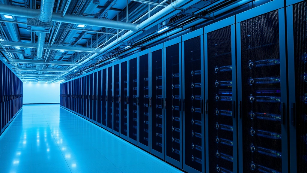 Large data center facility with rows of server racks and cooling systems, showing energy infrastructure and technological complexity, industrial setting with blue LED indicators and ventilation systems
