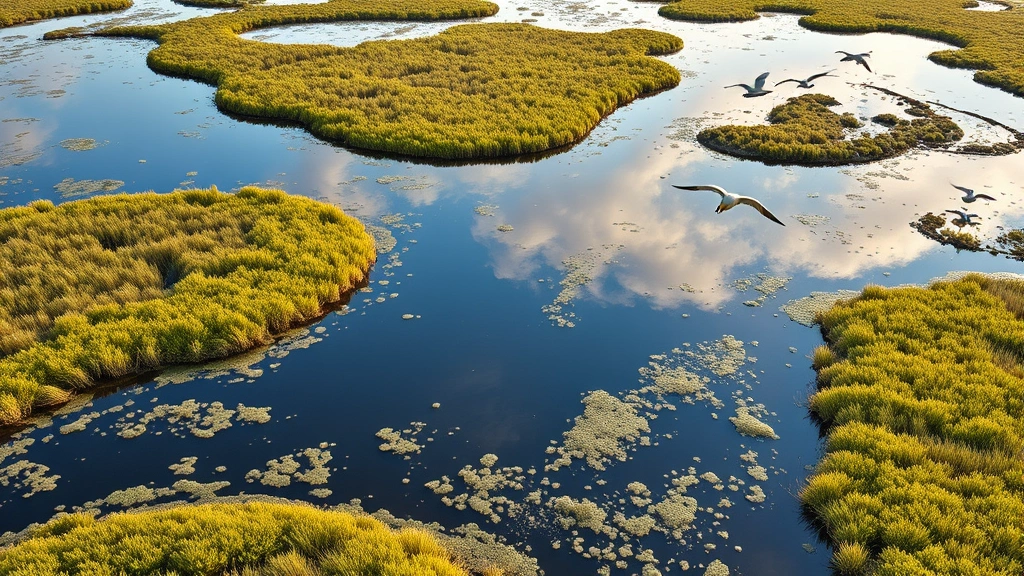 Aerial view of a restored wetland ecosystem with water reflecting sky, native vegetation growing along shorelines, birds in flight above natural habitat, photorealistic landscape photography