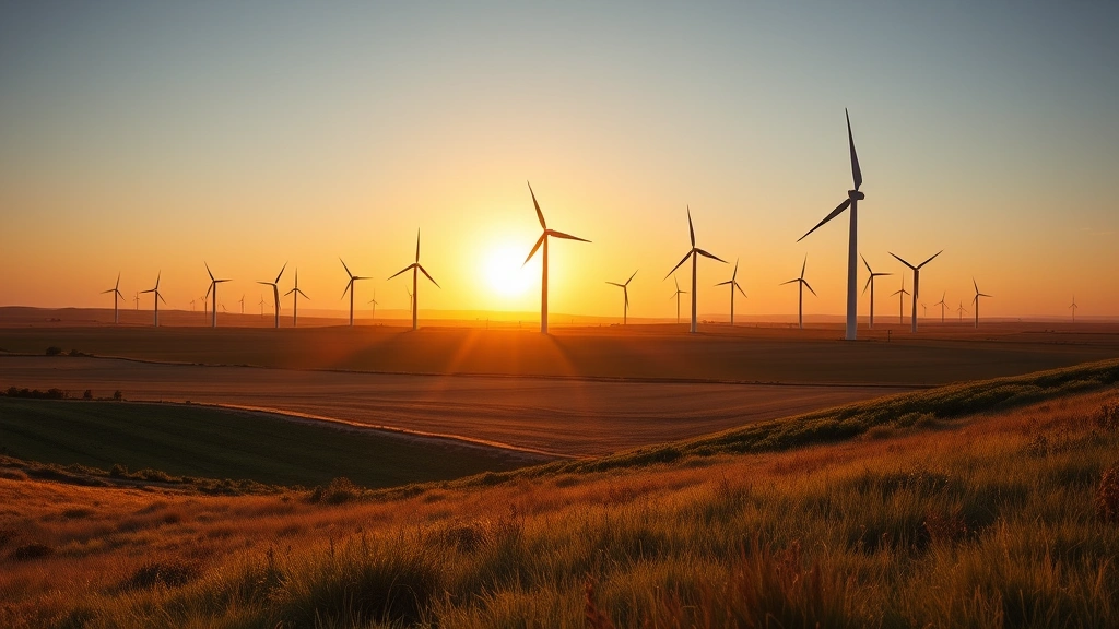 Renewable energy wind turbines in a vast field landscape during golden hour, with natural grassland and rolling terrain in foreground, photorealistic environmental scene without text