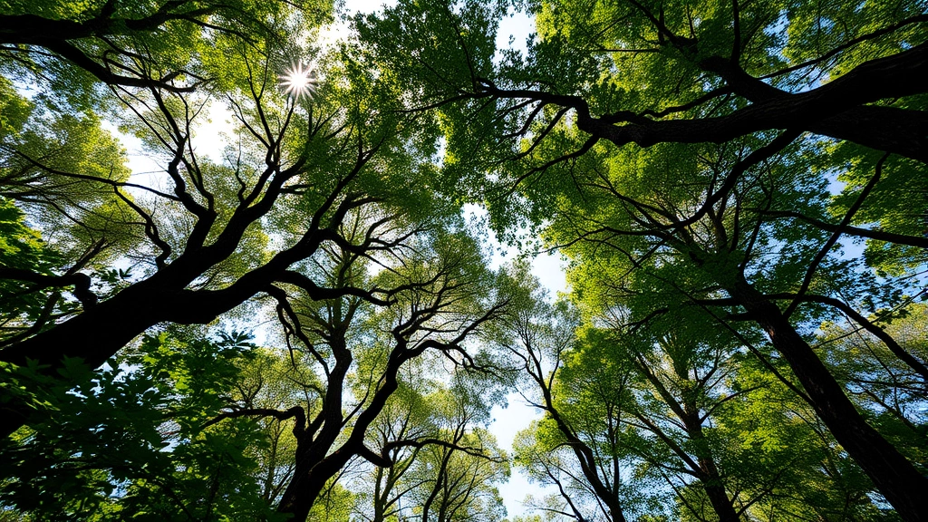 Diverse forest canopy viewed from below showing multiple tree species, dappled sunlight filtering through leaves, rich biodiversity visible in vegetation layers, photorealistic nature photography