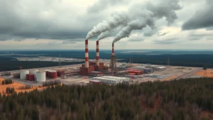 Aerial view of industrial factory complex with multiple smokestacks emitting gray smoke, surrounding deforested landscape with scattered tree stumps, cloudy sky, photorealistic daylight photography