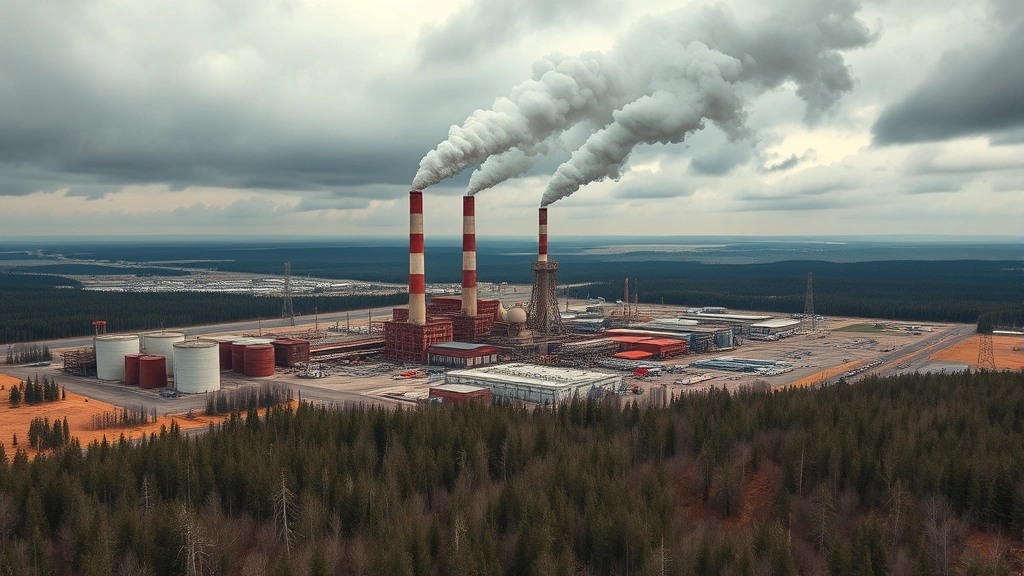 Aerial view of industrial factory complex with multiple smokestacks emitting gray smoke, surrounding deforested landscape with scattered tree stumps, cloudy sky, photorealistic daylight photography