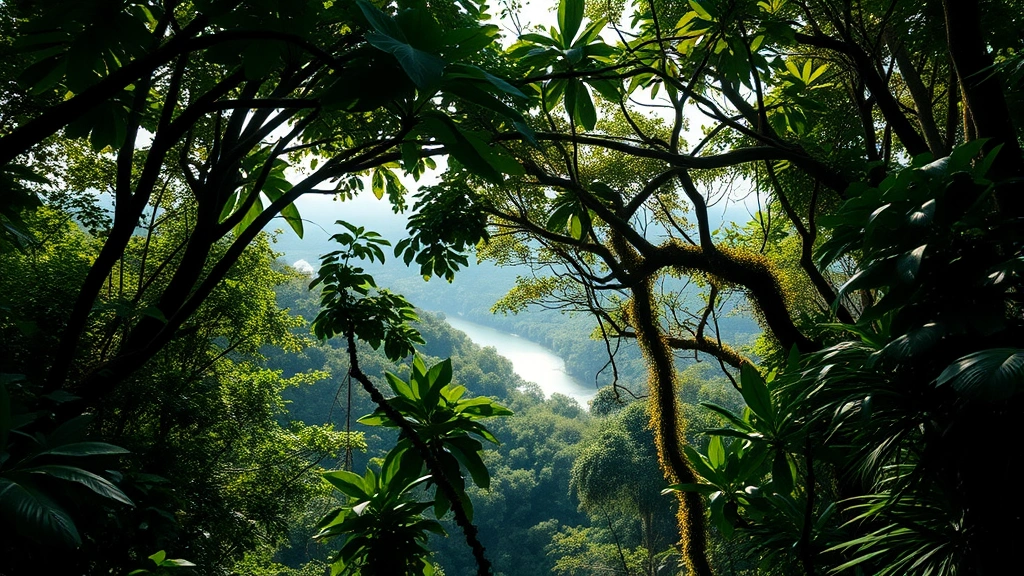 Dense tropical rainforest canopy with rich green vegetation, sunlight filtering through layers, river visible in distance, diverse wildlife habitat, vibrant natural ecosystem, photorealistic nature photography