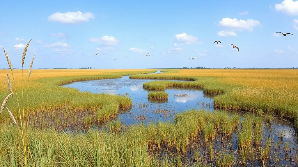 Restored wetland landscape with native grasses, clear water reflecting sky, wildlife including birds and aquatic plants thriving, regenerated ecosystem showing recovery, photorealistic environmental restoration scene