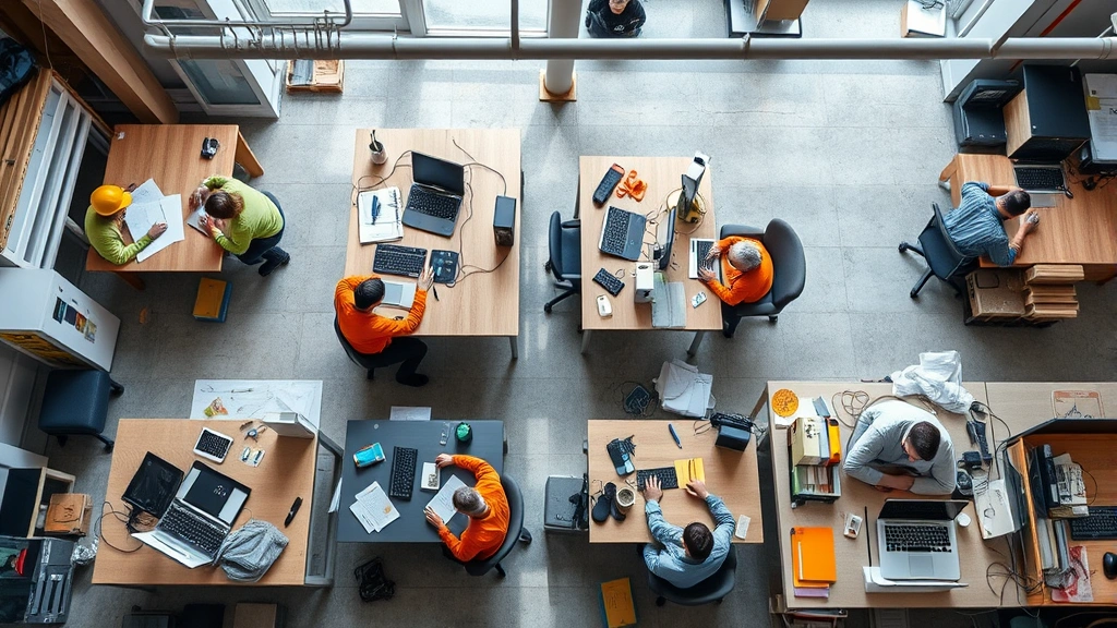 Overhead view of diverse workers in different occupational settings - construction site, office workspace, warehouse, healthcare facility - showing varied ergonomic postures and workstation setups in natural lighting