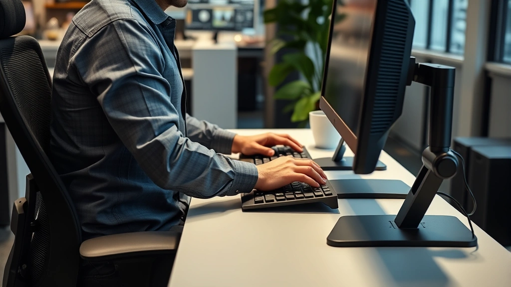 Close-up of worker's proper ergonomic positioning at modern adjustable workstation with correct monitor height, keyboard placement, and chair support, demonstrating ideal workplace design