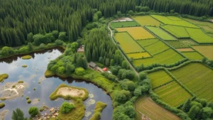 Diverse natural landscape with thriving forest, wetland, and agricultural areas integrated together, showing wildlife, water features, and productive vegetation demonstrating multiple ecosystem services in one working landscape, photorealistic, no text