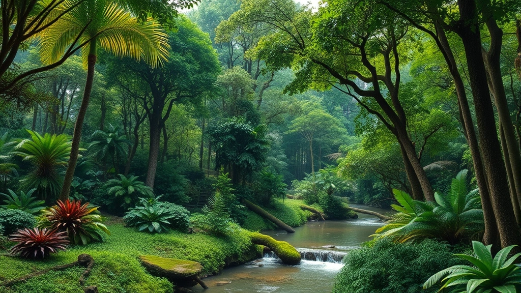 Lush tropical or temperate forest ecosystem with dense canopy, understory vegetation, forest floor biodiversity, flowing water feature, and visible wildlife habitat illustrating carbon storage and biodiversity value, photorealistic, no text