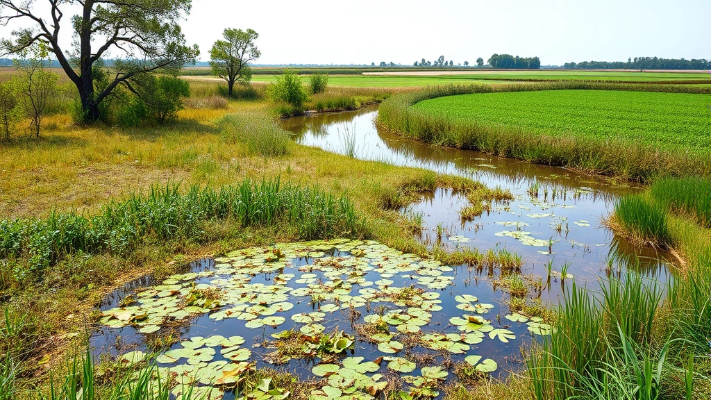 Restored or rehabilitated ecosystem showing wetland with native plants, water features, visible wildlife, and adjacent sustainable agricultural fields demonstrating ecosystem recovery and economic benefits, photorealistic, no text