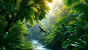 Lush tropical forest canopy with diverse vegetation, vibrant green leaves backlit by sunlight filtering through dense foliage, river flowing through forest landscape, birds flying overhead, showing biodiversity and ecosystem complexity, photorealistic, natural lighting