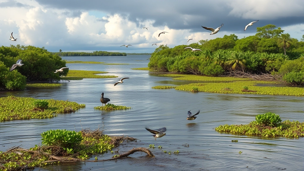 Coastal wetland ecosystem with water, mangrove trees, various birds, fish jumping, healthy vegetation, storm clouds in distance, showing ecosystem services and natural resilience, photorealistic, natural colors