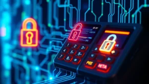 Photorealistic image of a secure digital payment terminal with glowing security locks and encrypted data streams flowing through fiber optic cables, showing financial transaction security in action with blue and green light effects, no text or labels visible