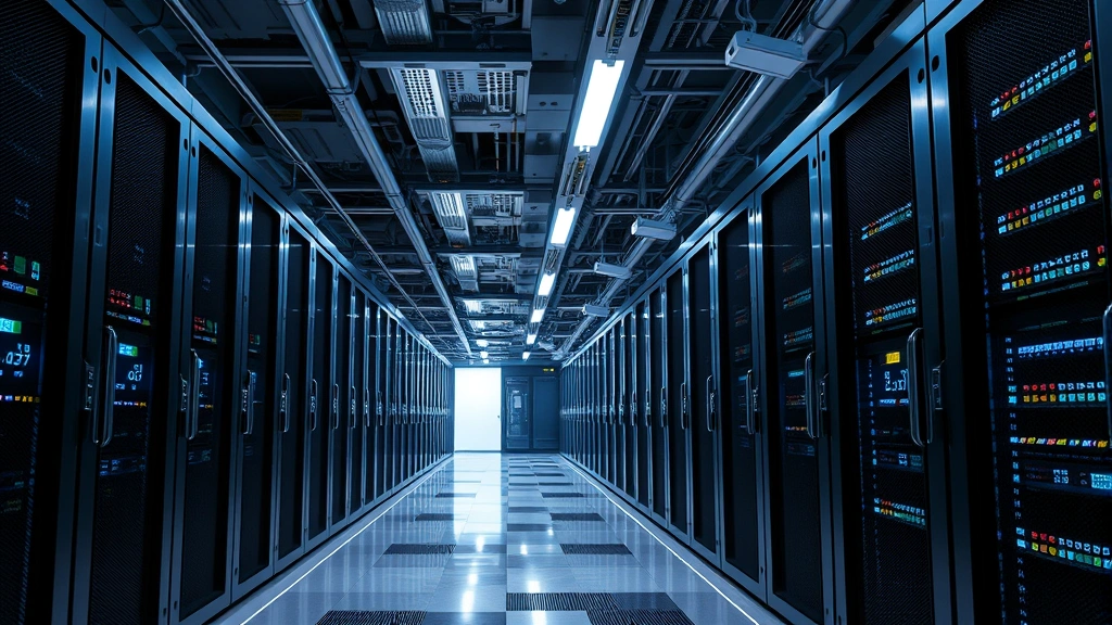 Photorealistic photograph of a modern data center with rows of secure servers protected by biometric access controls and surveillance systems, showing the physical infrastructure protecting financial data, cool lighting emphasizing security and technology