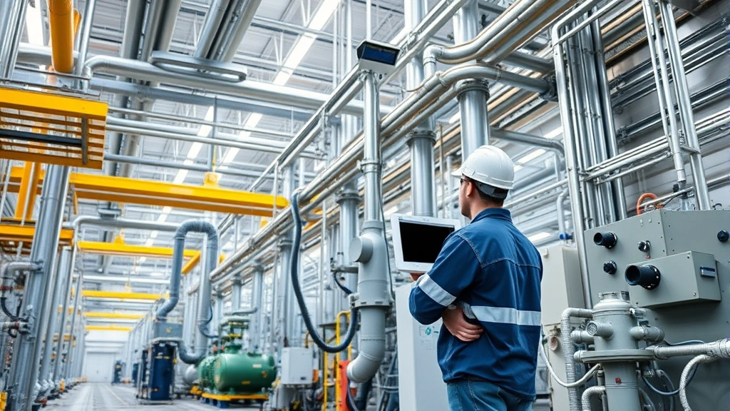 Industrial facility with modern pollution control equipment and monitoring systems, worker inspecting environmental compliance infrastructure, modern technology integrated into manufacturing environment, photorealistic detail