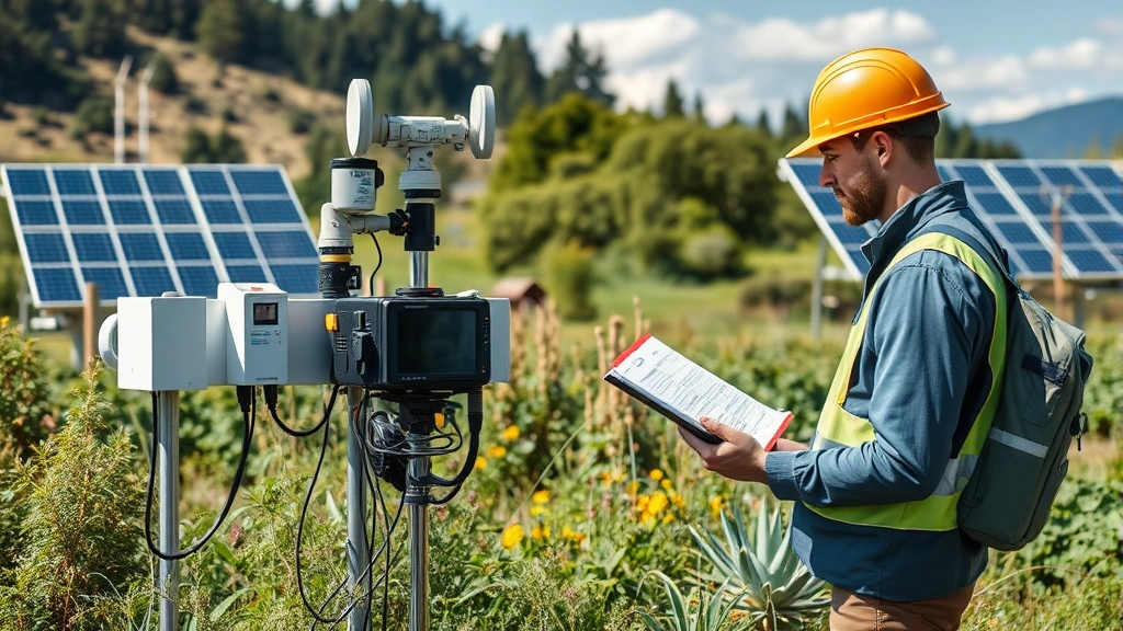 Environmental monitoring station with sensors and equipment in natural landscape, technician recording data, renewable energy panels visible in background, integration of technology and nature
