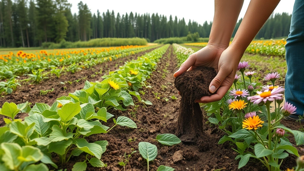 Sustainable agricultural field with diverse crops, healthy soil being examined, pollinator-friendly flowers, forest ecosystem visible in background, thriving biodiversity and ecosystem health