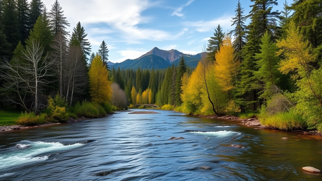 Clackamas River flowing through lush riparian forest with native trees and salmon spawning habitat visible in clear water, mountains in background, photorealistic landscape photography