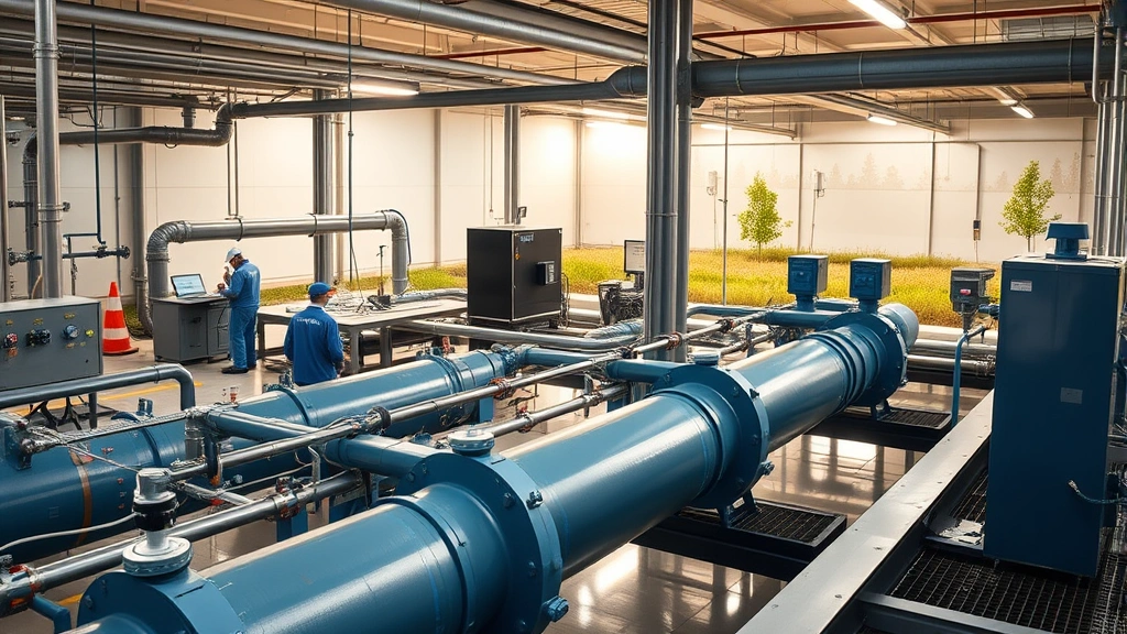 Water treatment plant facility with modern filtration systems and control rooms, technicians monitoring water quality equipment, industrial infrastructure integrated with environmental landscaping