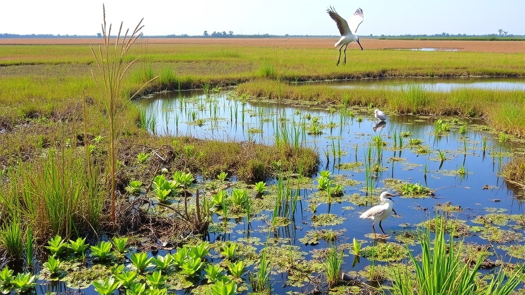 Restored wetland ecosystem with native vegetation, water birds, and aquatic life thriving, demonstrating ecological restoration success and natural water filtration systems in action