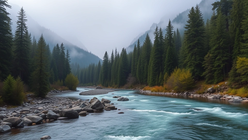Mountain river flowing through old-growth temperate rainforest with misty cascade peaks in background, clear water reflecting coniferous trees, natural Pacific Northwest landscape showing pristine watershed