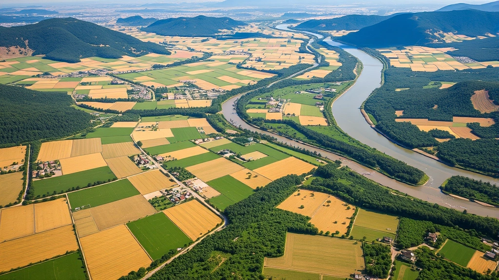 Aerial view of agricultural fields and orchards in valley with meandering river, showing landscape mosaic of farming operations and riparian vegetation, daylight with green crops and forest patches