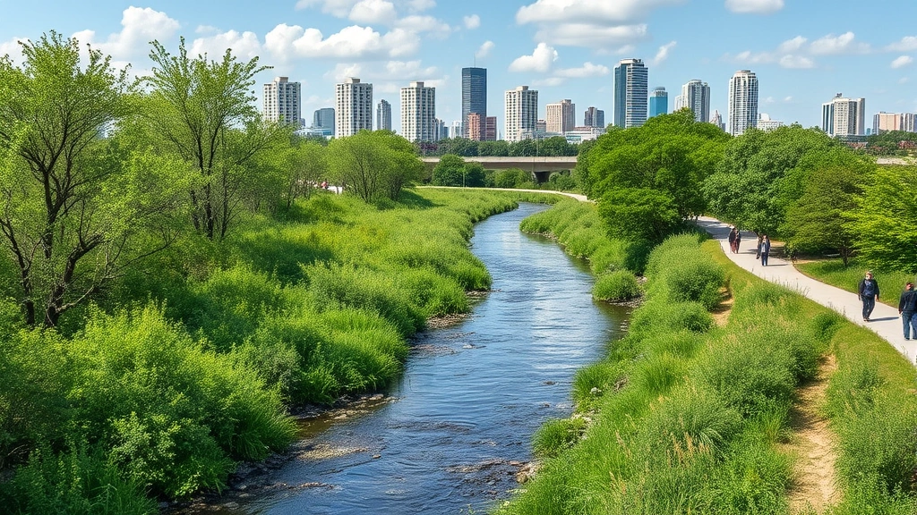 Urban waterfront with restored riparian forest, native plants along streambank, city buildings in distance, people fishing or enjoying recreational area, showing integration of nature and human community development