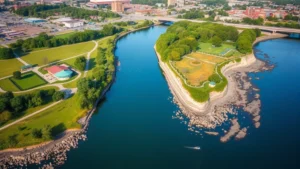 Aerial view of Rome NY waterfront with restored green spaces and cleaned riverbanks, showing contrast between remediated parkland and surrounding urban infrastructure, natural lighting emphasizing vegetation recovery and water clarity