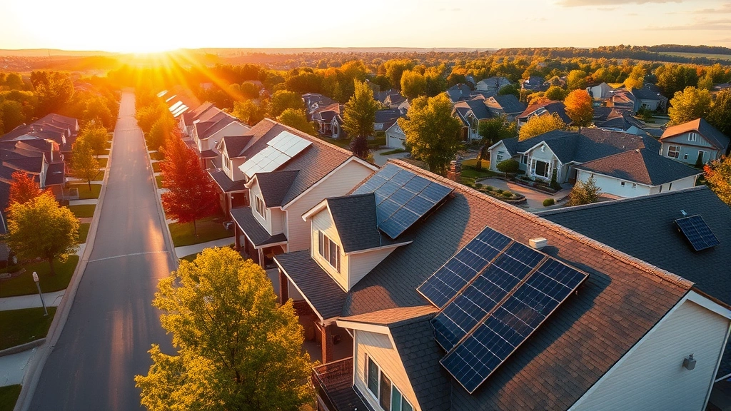 Solar panels installed on residential rooftops in Rome NY neighborhood with modern homes and tree-lined streets, warm afternoon sunlight highlighting renewable energy infrastructure and suburban residential character