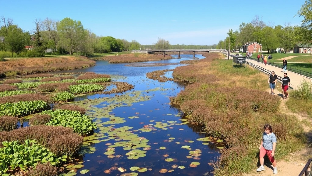 Restored natural habitat along Mohawk River with native wetland plants, wildlife, and clean water, featuring walking trails and recreational amenities with people enjoying outdoor activities in clean environment