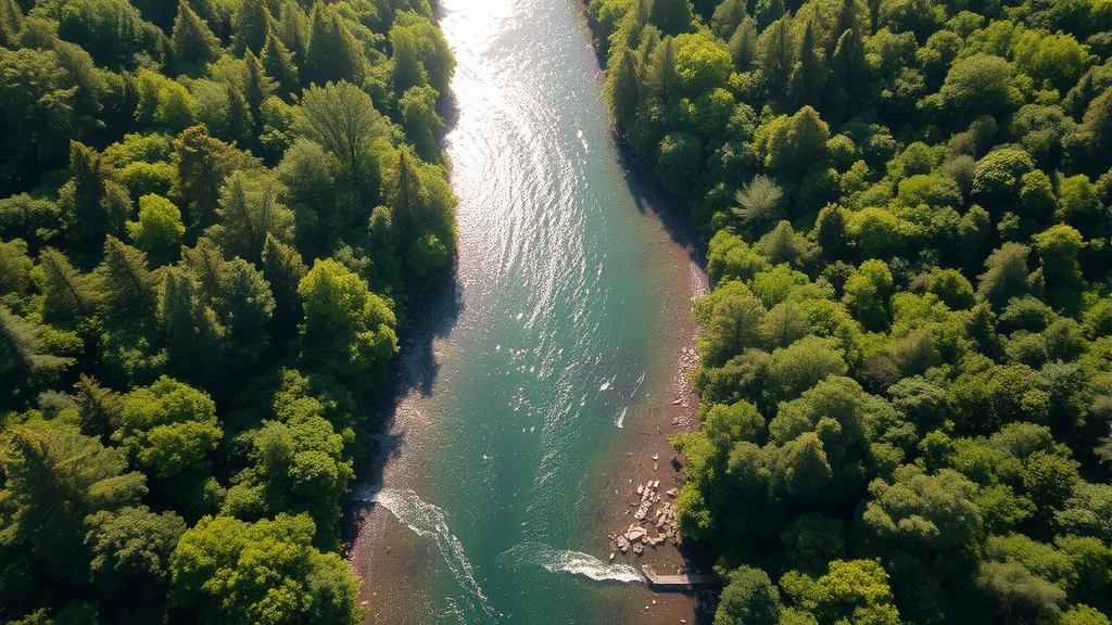 Aerial view of a pristine river flowing through lush green forest, sunlight reflecting off clear water, no visible pollution or industrial activity, photorealistic nature photography