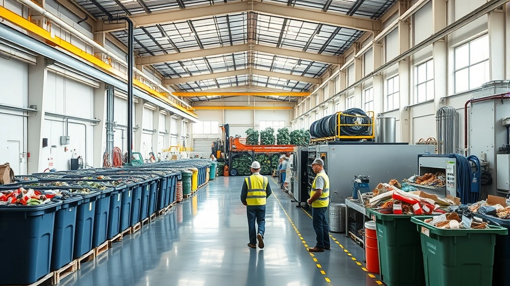 Modern waste management facility with organized recycling stations and workers in safety equipment, clean industrial environment, natural daylight, operational efficiency visible