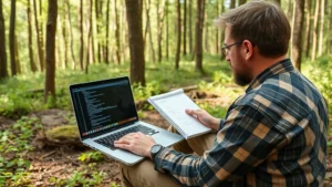 Ecologist analyzing environmental data on laptop in forest clearing with biodiversity field notes and laptop screen showing R code and ecosystem data visualization