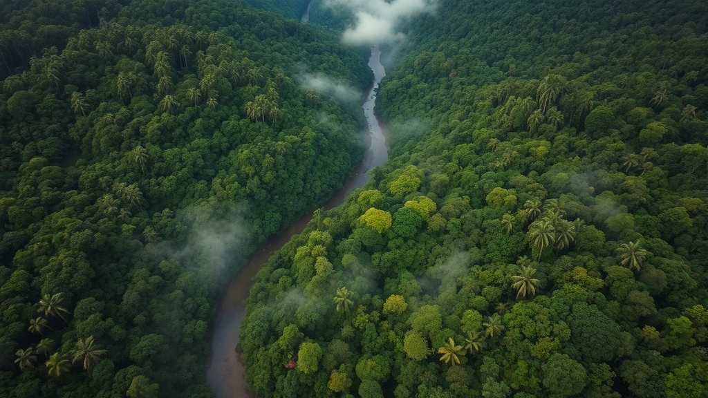 Aerial view of intact tropical rainforest canopy showing dense green vegetation, rivers winding through landscape, morning mist rising, photorealistic natural lighting, no text or labels