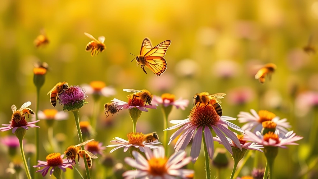 Diverse pollinator ecosystem: honeybees, butterflies, and other insects on wildflowers in meadow, golden sunlight, shallow depth of field focusing on insects and blooms, vibrant natural colors, no text