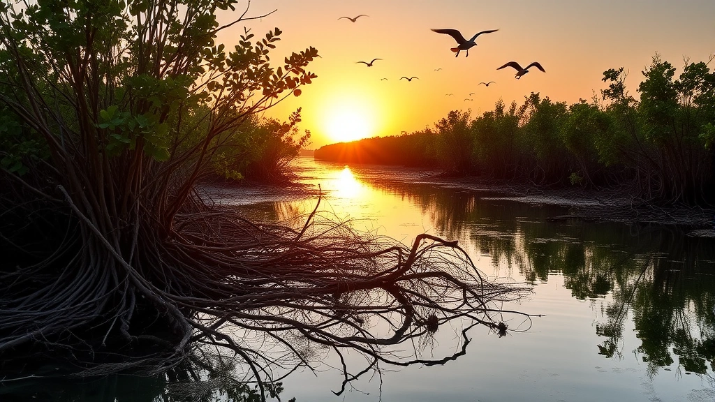 Coastal mangrove forest at sunset with water reflection, intricate root systems visible in shallow water, birds flying overhead, warm golden-hour lighting, pristine natural environment, no text or annotations