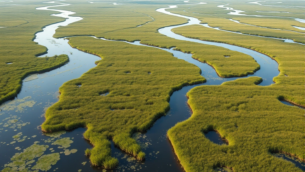 Photorealistic aerial view of diverse wetland ecosystem with water channels, marsh vegetation, and wildlife, demonstrating ecosystem service provision in natural landscape