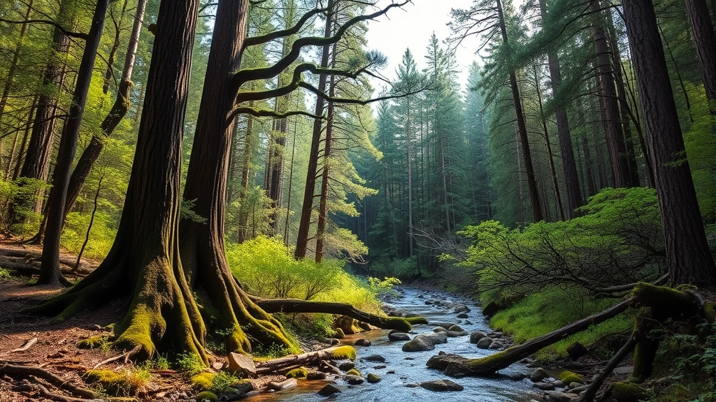 Natural forest landscape with ancient trees, flowing water, biodiversity visible in understory, showing carbon storage and water purification ecosystem services in temperate woodland setting