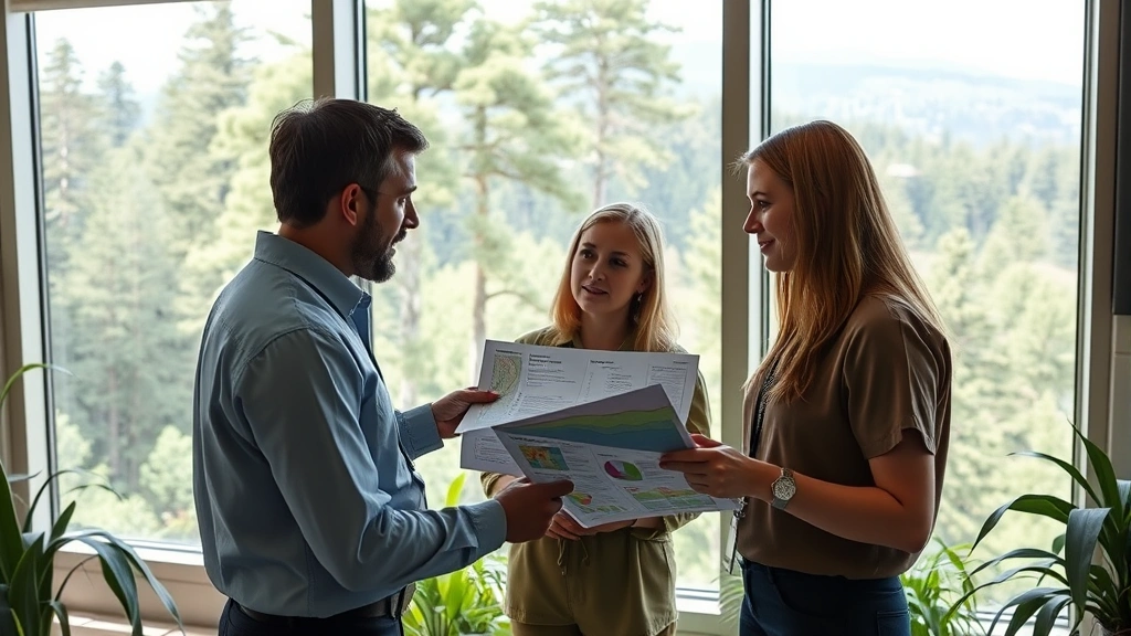 Environmental professionals and administrators in sustainable office reviewing ecosystem data, with panoramic windows showing healthy forests and natural landscapes outside, representing integration of ecological knowledge into organizational planning